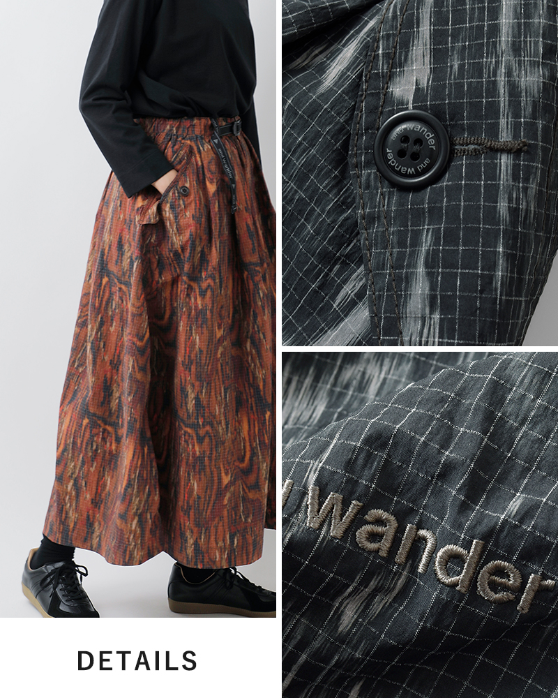 and wander(アンドワンダー)プリントリップストップカーゴスカート“printedripstopcargoskirt”574-5282048