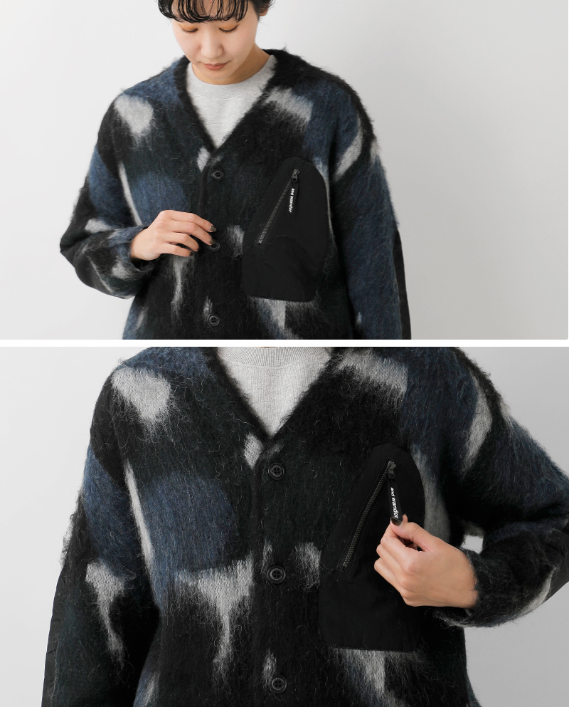 and wander(アンドワンダー)ミックスカラーシャギーニットカーディガン“mixcolorshaggyknitcardigan”574-5284065