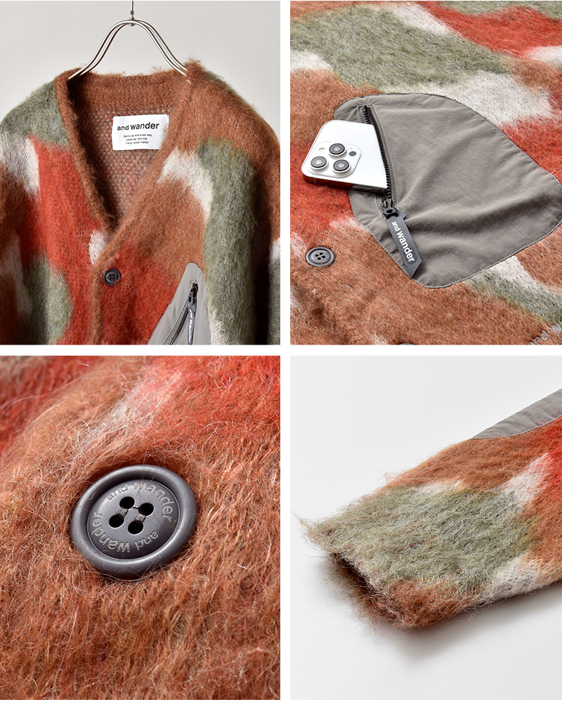 and wander(アンドワンダー)ミックスカラーシャギーニットカーディガン“mixcolorshaggyknitcardigan”574-5284065