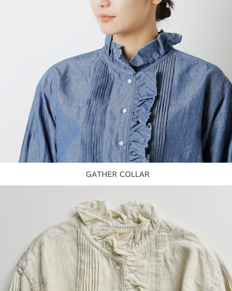 NIGEL CABOURN(ナイジェルケーボン)コットンリネンギャザーカラーブラウス8051-08-10003
