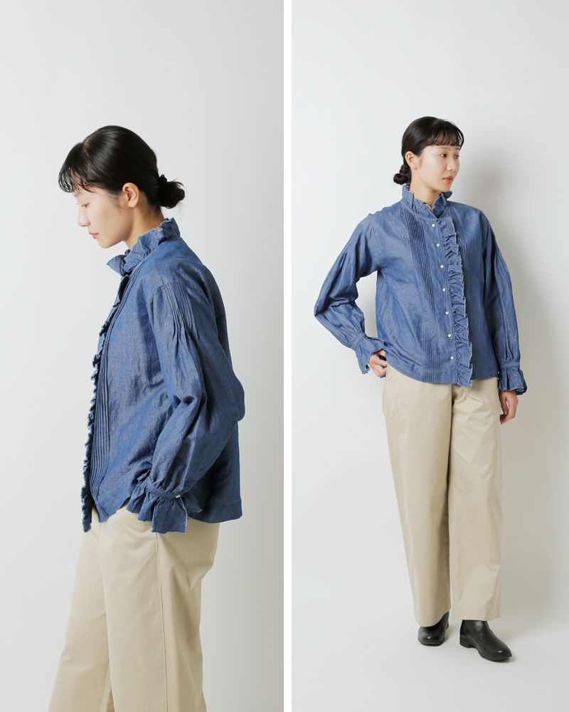 NIGEL CABOURN(ナイジェルケーボン)コットンリネンギャザーカラーブラウス8051-08-10003