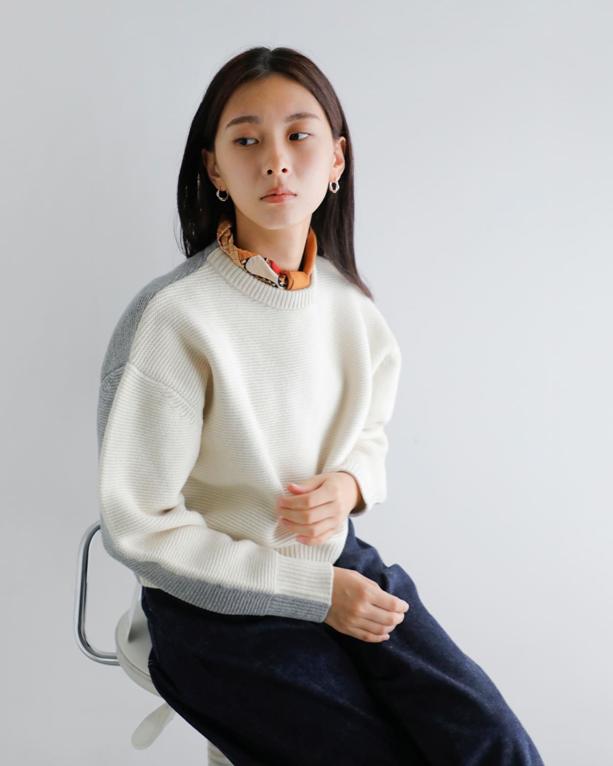 カシミヤ カラフル　デザイナーズファッション　軽い　暖かい　レディース ANNUAL アニュアル ウール カシミヤ バイカラー クルーネック