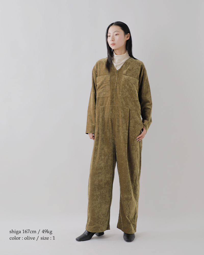 assiette(アシェット)ストレッチベロアVネックフロントZIPジャンプスーツa29-36502-54