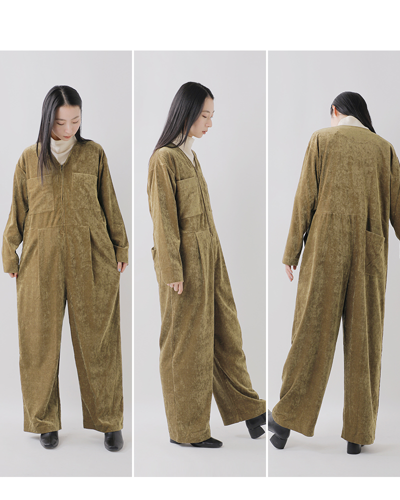 assiette(アシェット)ストレッチベロアVネックフロントZIPジャンプスーツa29-36502-54