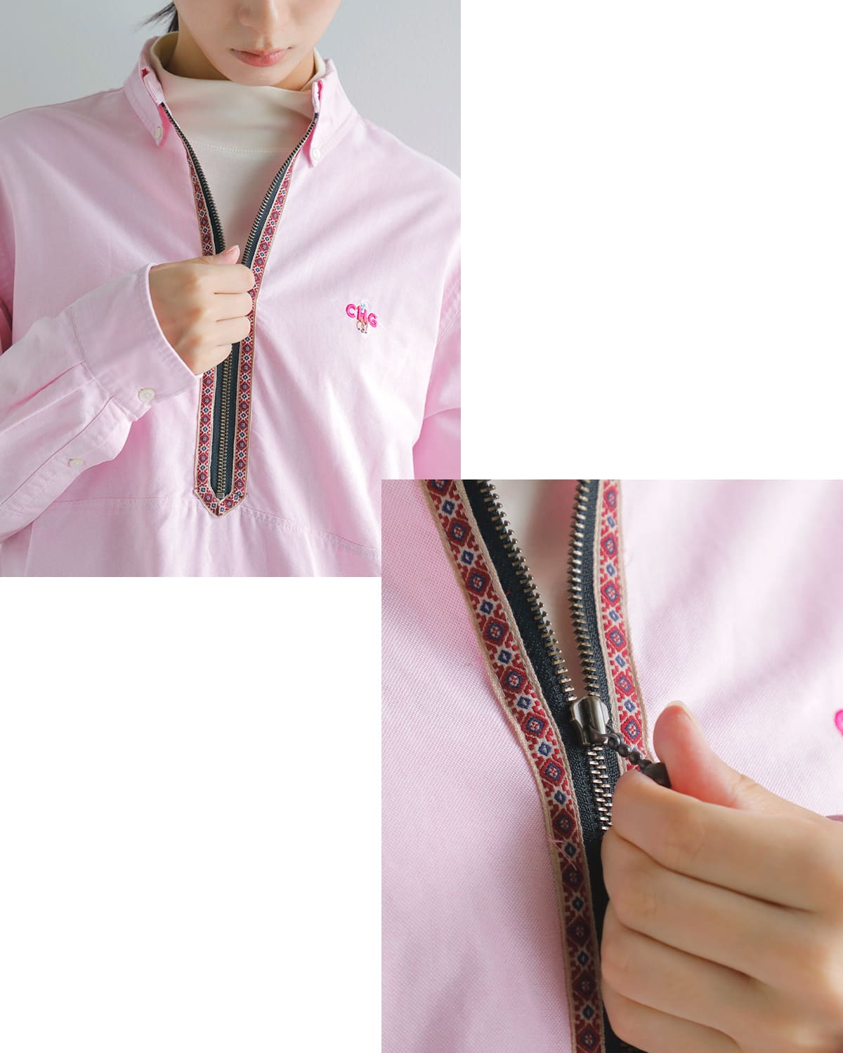 CHANGES(チェンジーズ)リメイクハーフジップボタンダウンシャツ ch3029