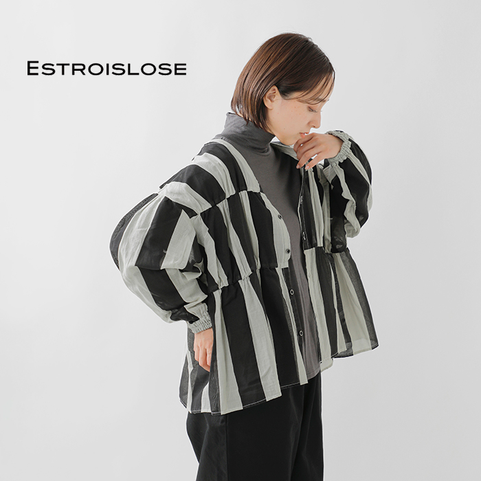 ESTROISLOSE(エストゥロワルーズ)コットン太ボーダープリント裾フリルブラウスeb25323