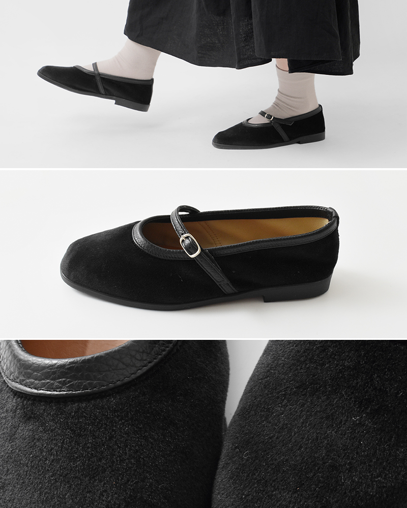 hcubuch(フーブ)ベルベットカウレザーコンビメーリージェンフラットシューズ“squirrel”h172