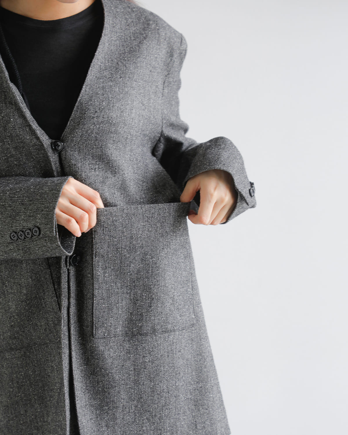 ＆ellecy ツイードジャケット Hella ヘラ シルクネップ カラーレス ツイード ジャケット “SILK