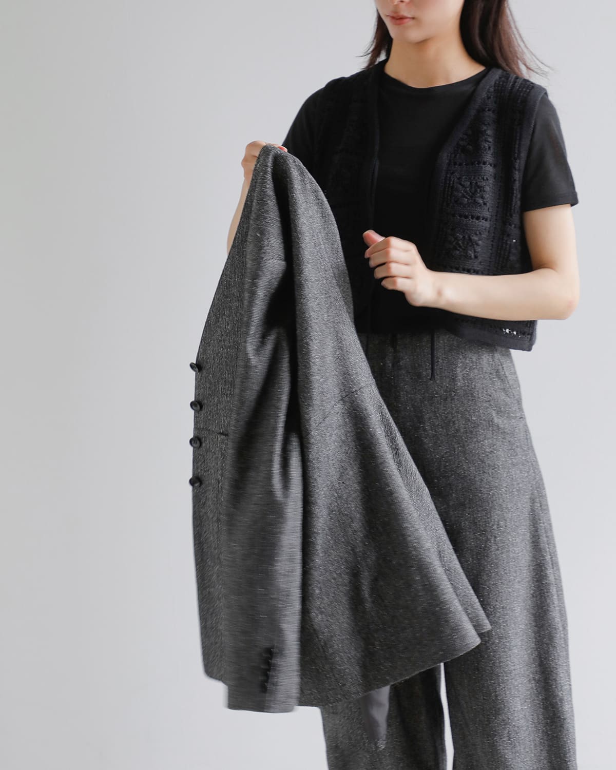 ＆ellecy ツイードジャケット Hella ヘラ シルクネップ カラーレス ツイード ジャケット “SILK