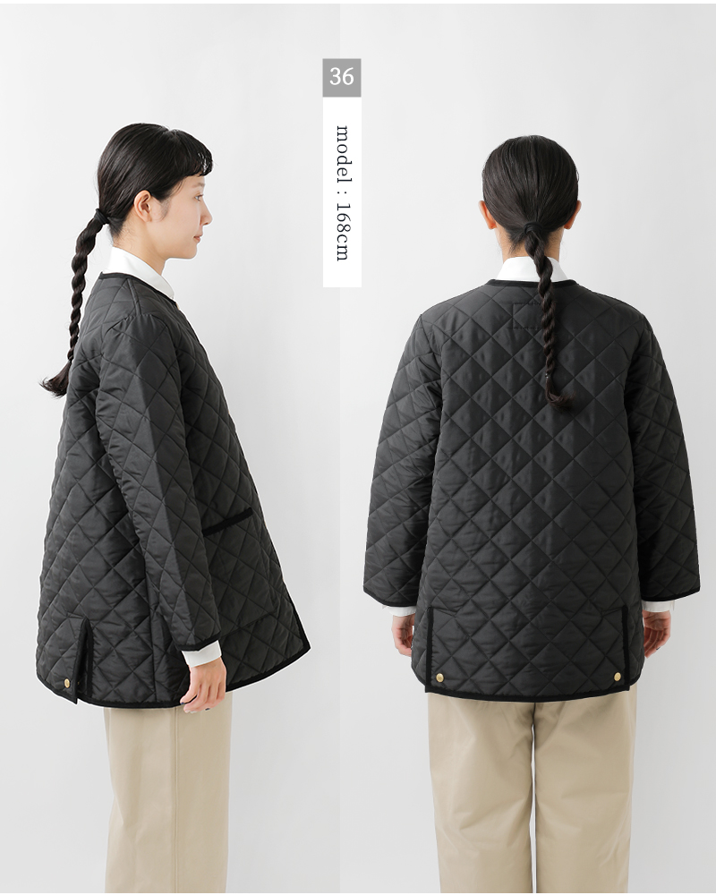 アークリーキルティングAラインノーカラーミドルジャケット