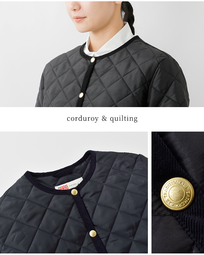 アークリーキルティングAラインノーカラーミドルジャケット