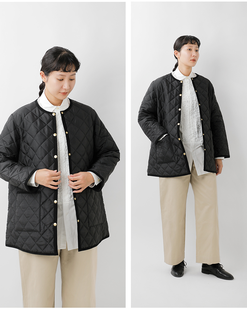 アークリーキルティングAラインノーカラーミドルジャケット