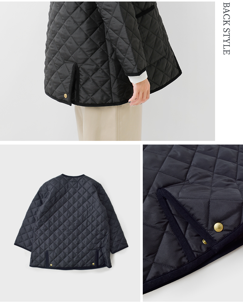 アークリーキルティングAラインノーカラーミドルジャケット