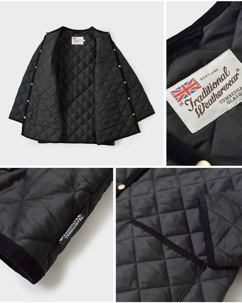 アークリーキルティングAラインノーカラーミドルジャケット