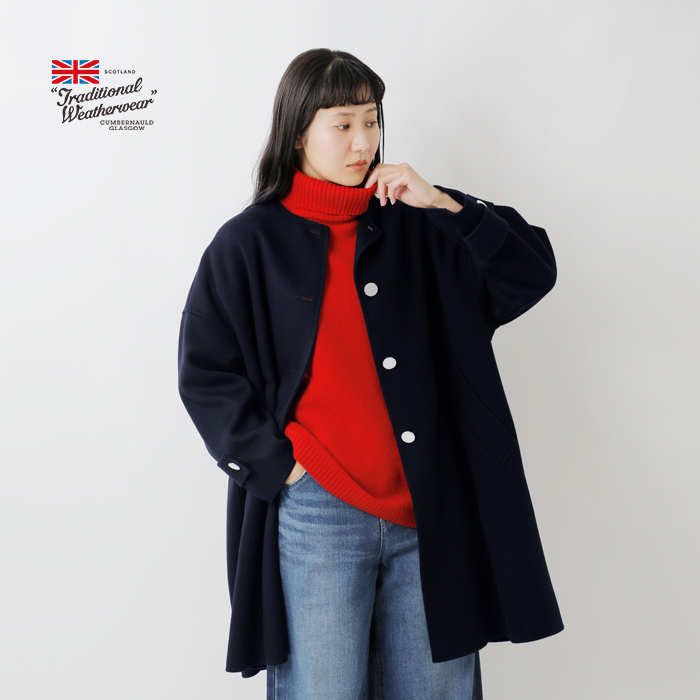 Traditional Weatherwear(トラディショナルウェザーウェア)マールトンWフェイスショートビーバーノーカラーロングコート“MALTONLONGN/CRV”l252thfco0477wu