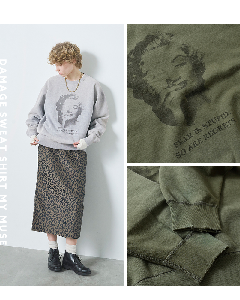 kha:ki(カーキ)プリントダメージスウェットシャツ“DAMAGESWEATSHIRTMyMUSE”mil25fcs3470