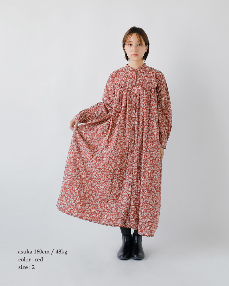 SOIL(ソイル)コットンスラブスモールフラワープリントバンドカラーギャザーシャツワンピースnsl25573