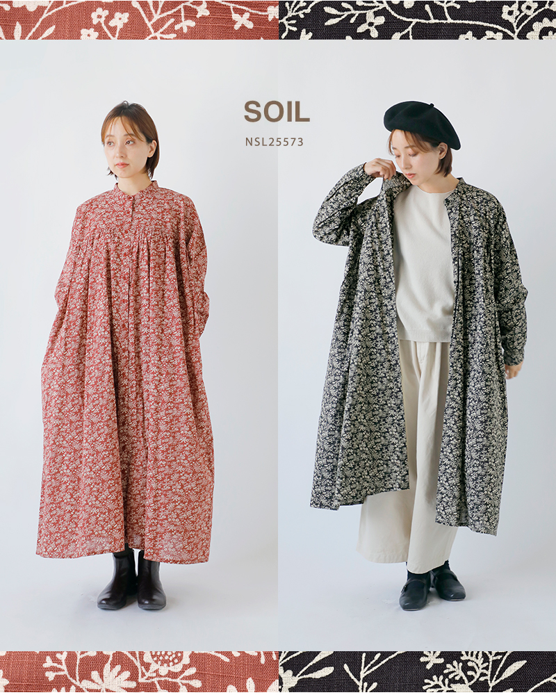 SOIL(ソイル)コットンスラブスモールフラワープリントバンドカラーギャザーシャツワンピースnsl25573