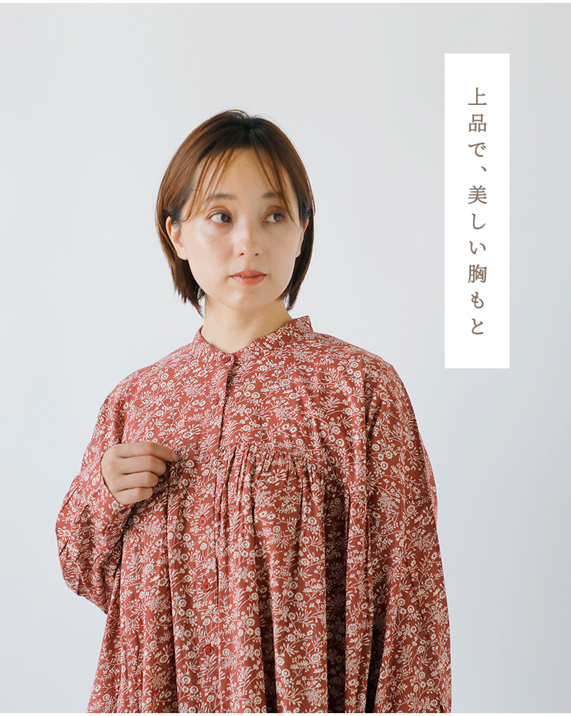 SOIL(ソイル)コットンスラブスモールフラワープリントバンドカラーギャザーシャツワンピースnsl25573