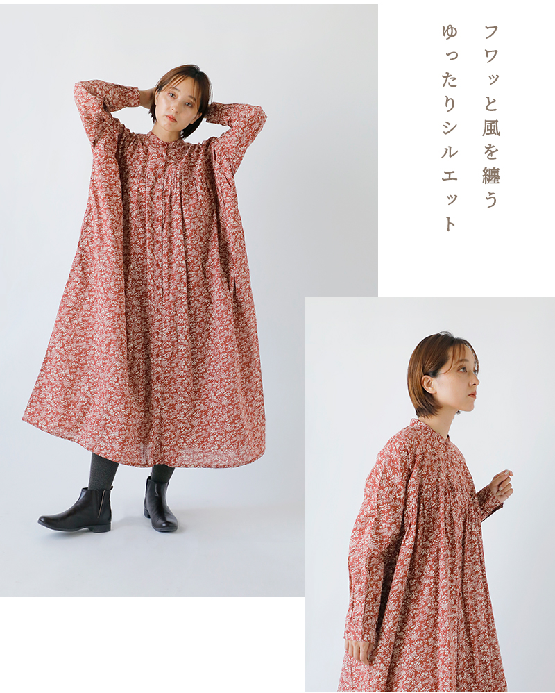 SOIL(ソイル)コットンスラブスモールフラワープリントバンドカラーギャザーシャツワンピースnsl25573