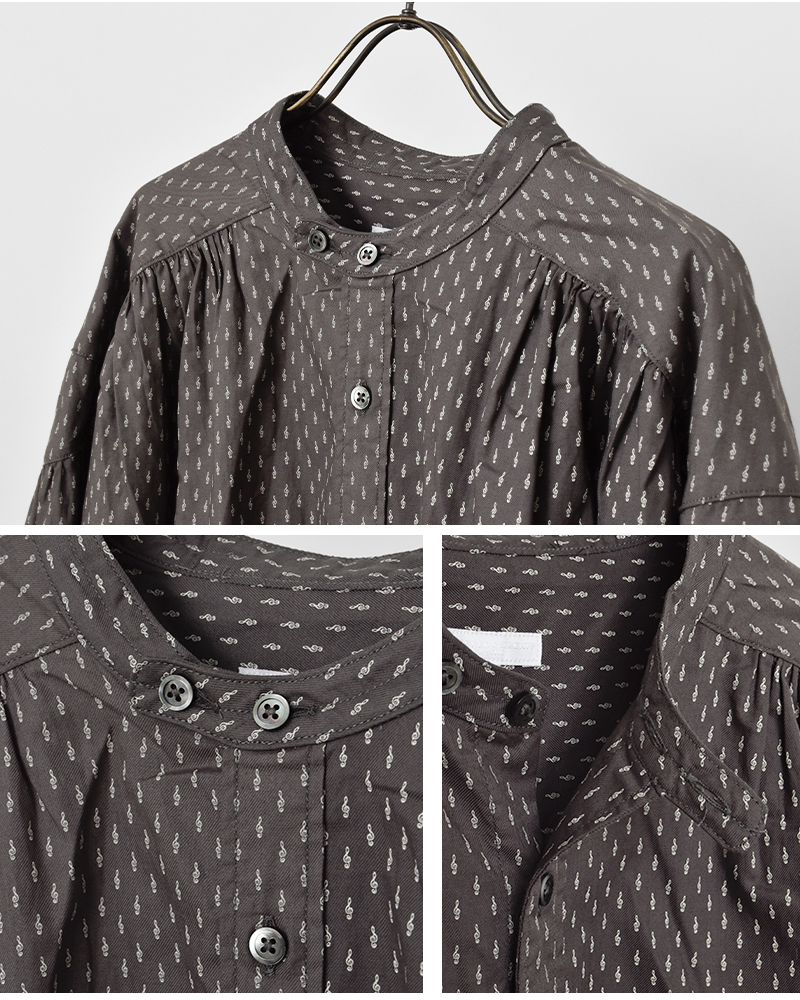 ENGINEERED GARMENTS(エンジニアド ガーメンツ)コットンミュージックノートプリントバンドカラーペインタードレス“BandedPainterDress”rv416