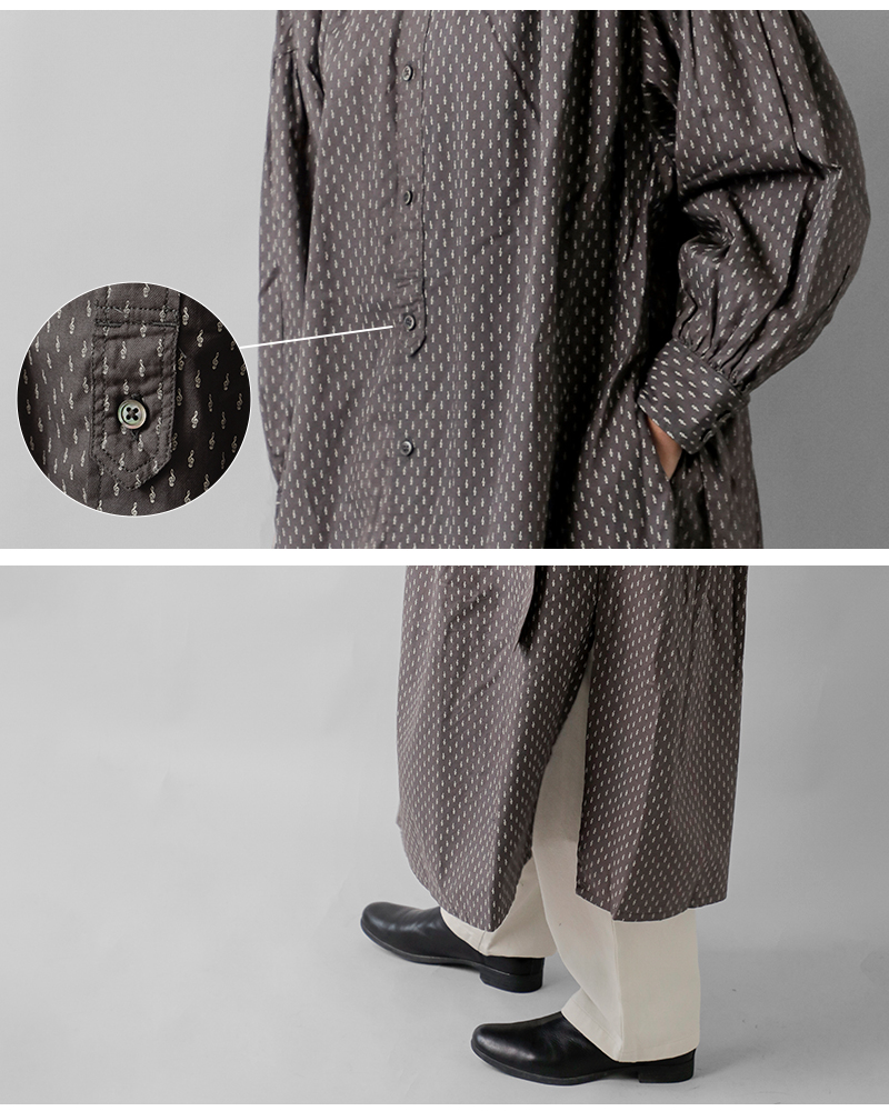 ENGINEERED GARMENTS(エンジニアド ガーメンツ)コットンミュージックノートプリントバンドカラーペインタードレス“BandedPainterDress”rv416