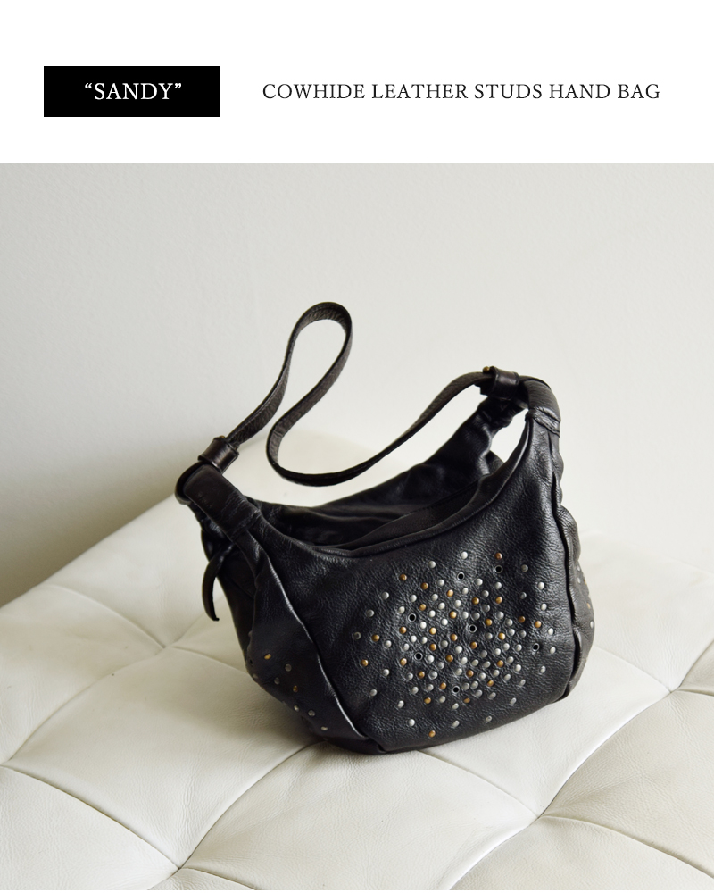 BIBA(ビバ)カウハイドレザースタッズミニアイレットサックハンドバッグ“SANDY”say2l