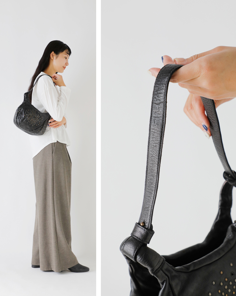 BIBA(ビバ)カウハイドレザースタッズミニアイレットサックハンドバッグ“SANDY”say2l