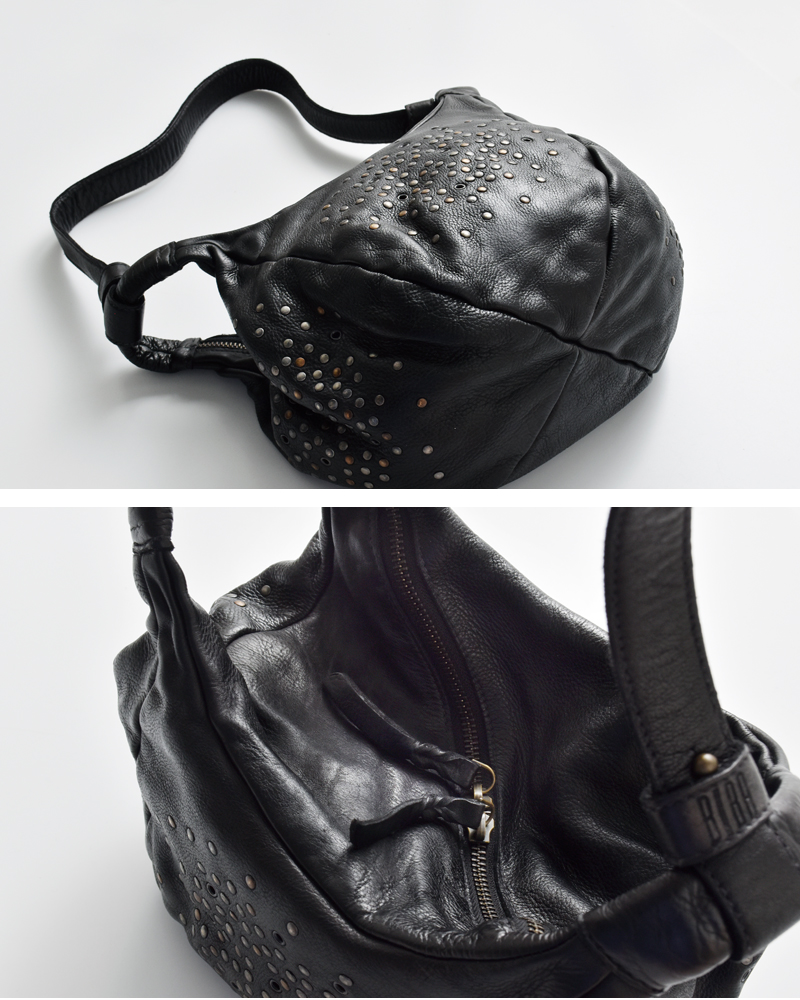 BIBA(ビバ)カウハイドレザースタッズミニアイレットサックハンドバッグ“SANDY”say2l