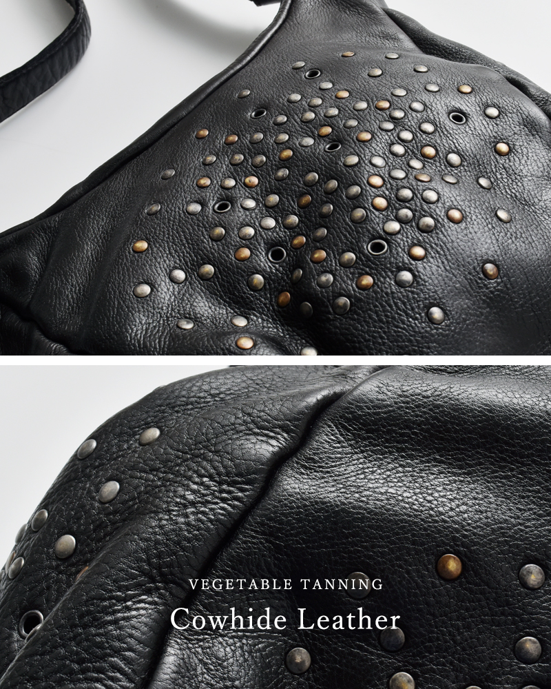 BIBA(ビバ)カウハイドレザースタッズミニアイレットサックハンドバッグ“SANDY”say2l