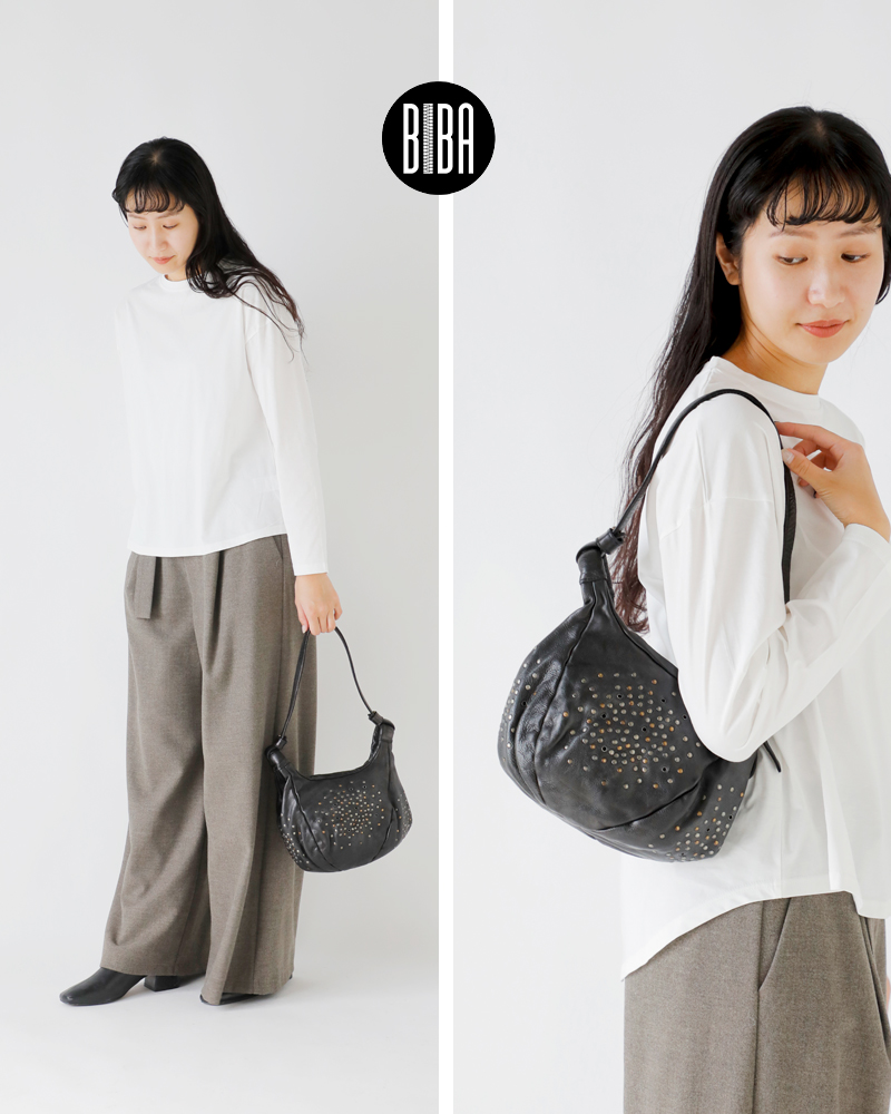 BIBA(ビバ)カウハイドレザースタッズミニアイレットサックハンドバッグ“SANDY”say2l