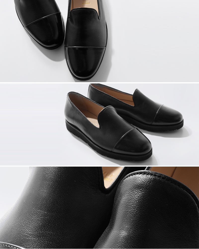 バラ装飾の黒いフラットシューズ Bing Pump Flat|Latte/ブラック パテントレザー・フラット