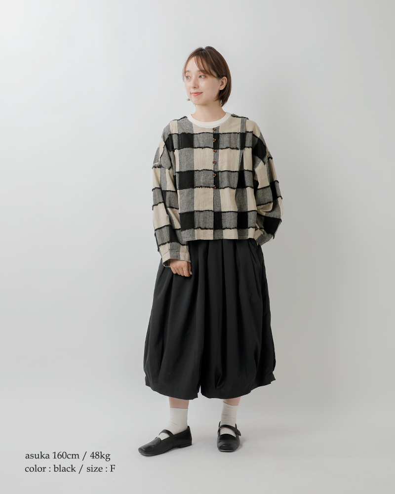 tumugu(ツムグ)リネンコットンブロックチェックカットジャガードボレロブラウスtb25236