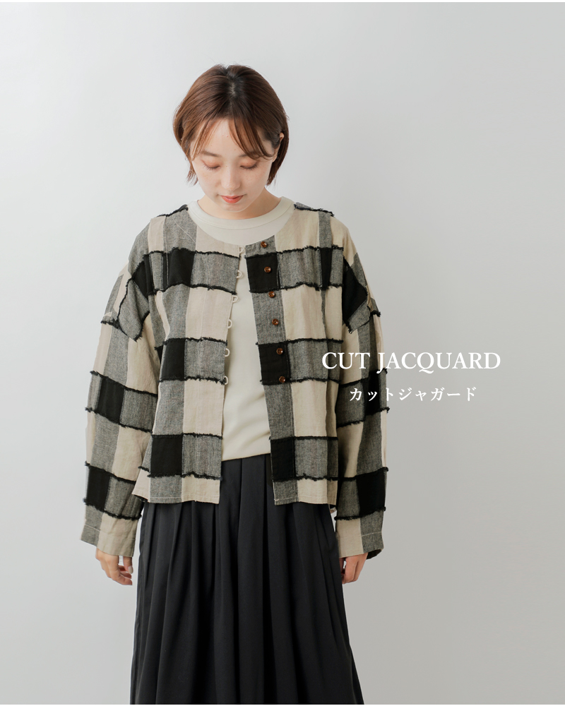 tumugu(ツムグ)リネンコットンブロックチェックカットジャガードボレロブラウスtb25236
