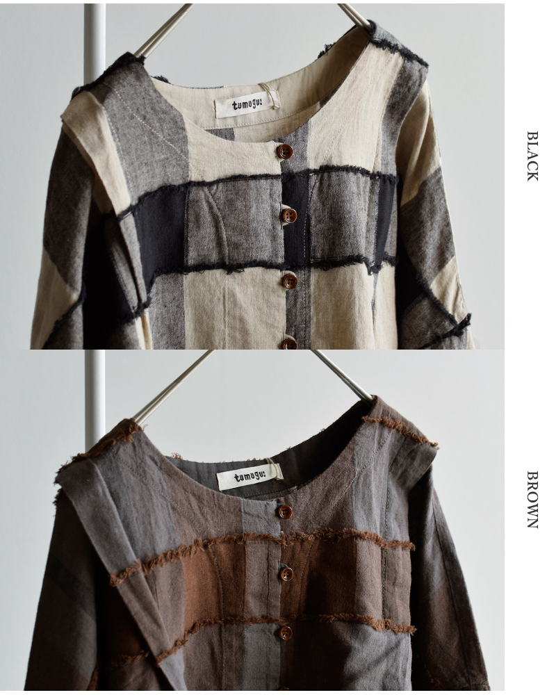 tumugu(ツムグ)リネンコットンブロックチェックカットジャガードボレロブラウスtb25236