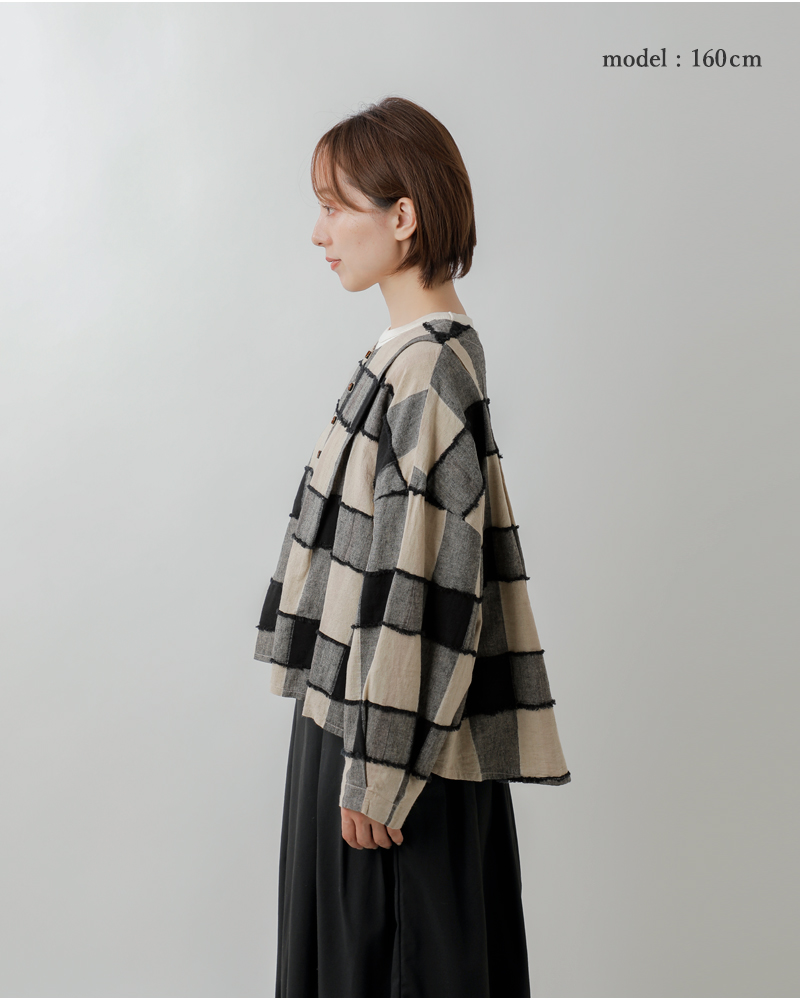 tumugu(ツムグ)リネンコットンブロックチェックカットジャガードボレロブラウスtb25236