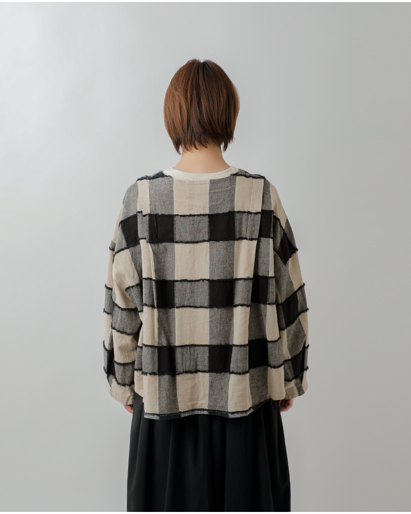tumugu(ツムグ)リネンコットンブロックチェックカットジャガードボレロブラウスtb25236