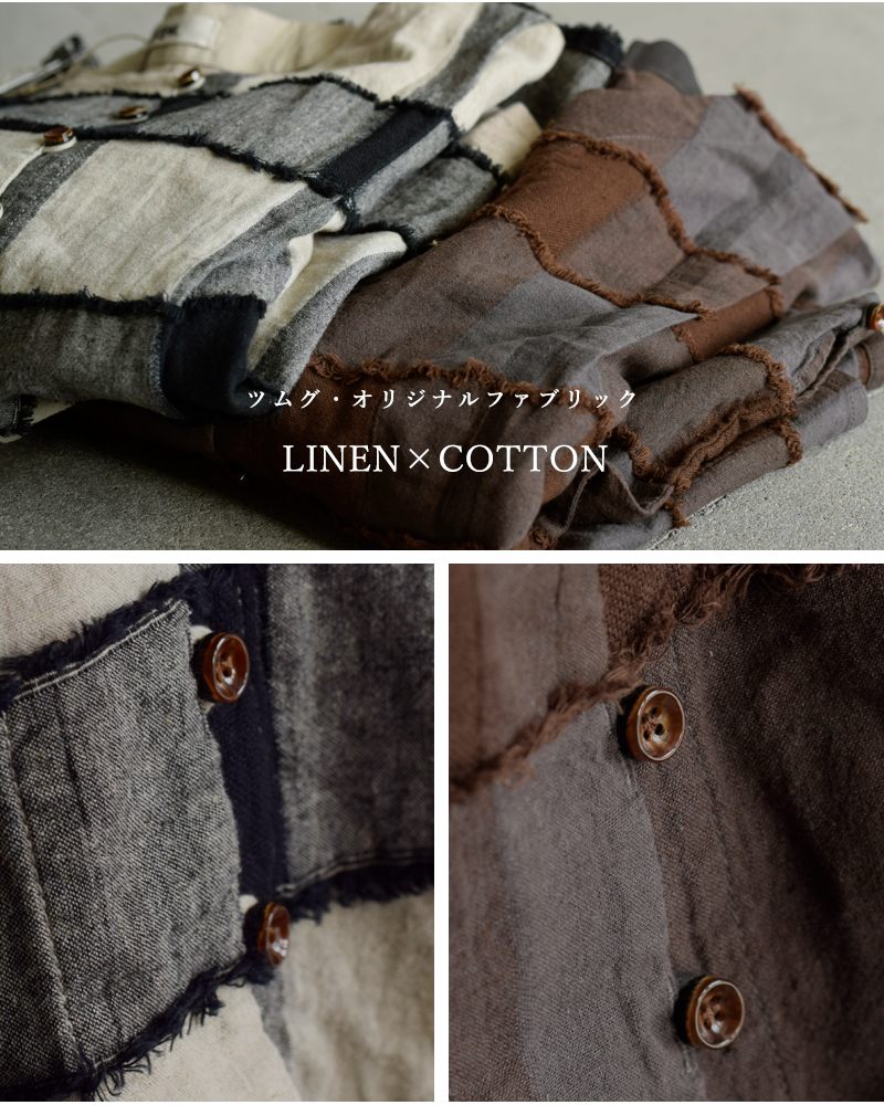 tumugu(ツムグ)リネンコットンブロックチェックカットジャガードボレロブラウスtb25236