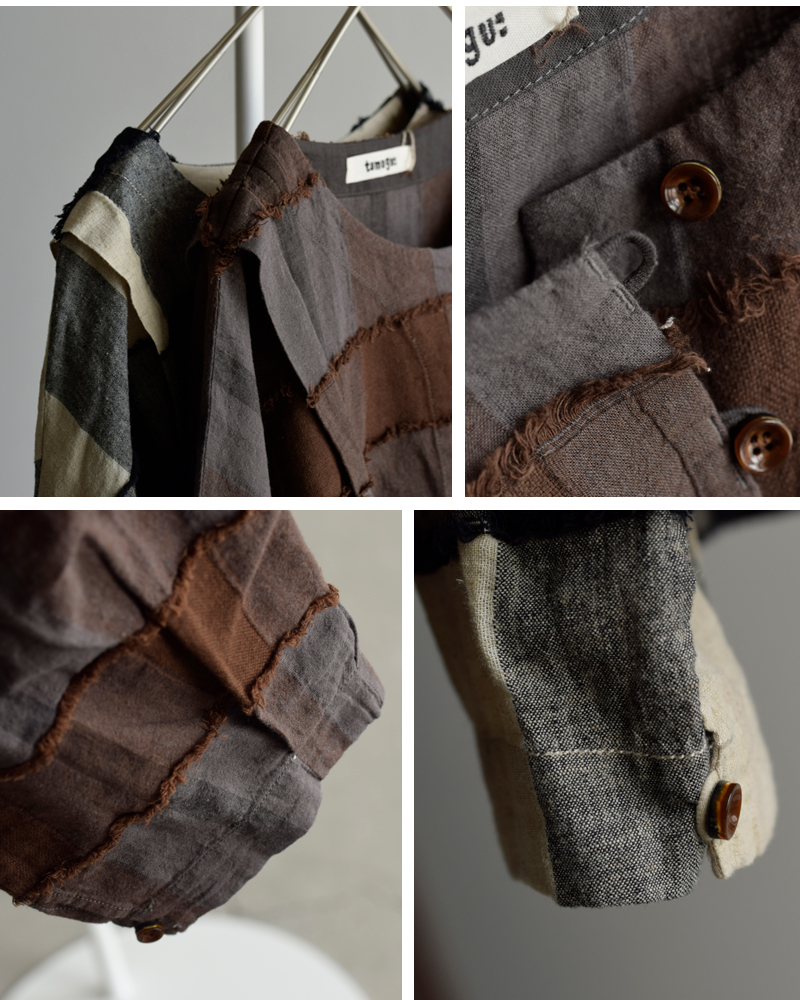 tumugu(ツムグ)リネンコットンブロックチェックカットジャガードボレロブラウスtb25236