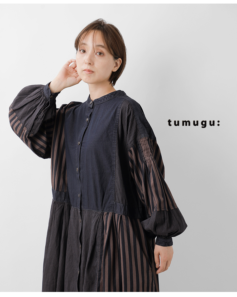 tumugu(ツムグ)デニムヒッコリーストライプ2wayワンピースtb25313