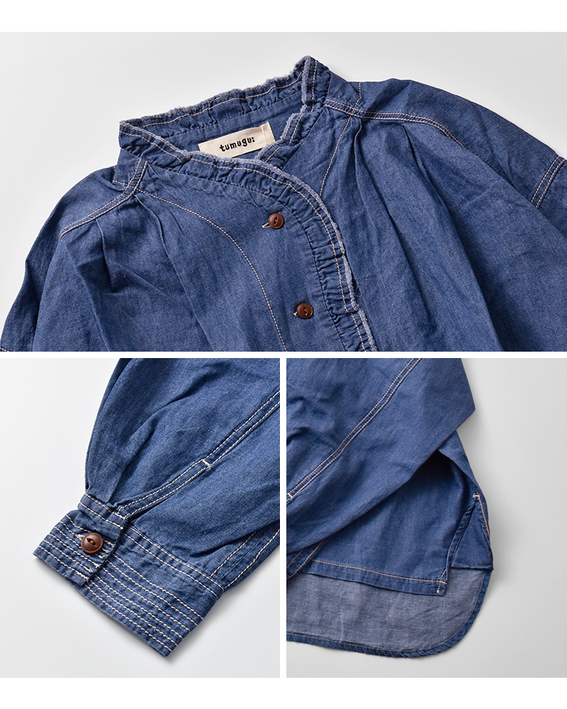 tumugu(ツムグ)4.5ozコットンリネンデニムフリルシャツtb25403