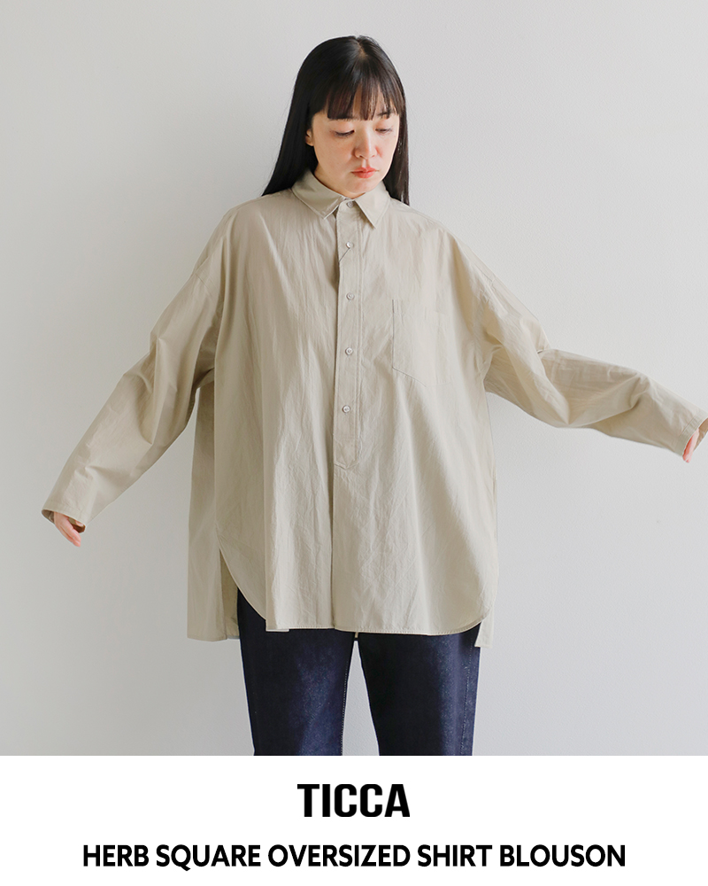 美品＊TICCA ティッカ スクエアビッグシャツ F カーキ 長袖 コットン綿 TICCA ノーカラースクエアビッグシャツ tbca-122 ティッカ