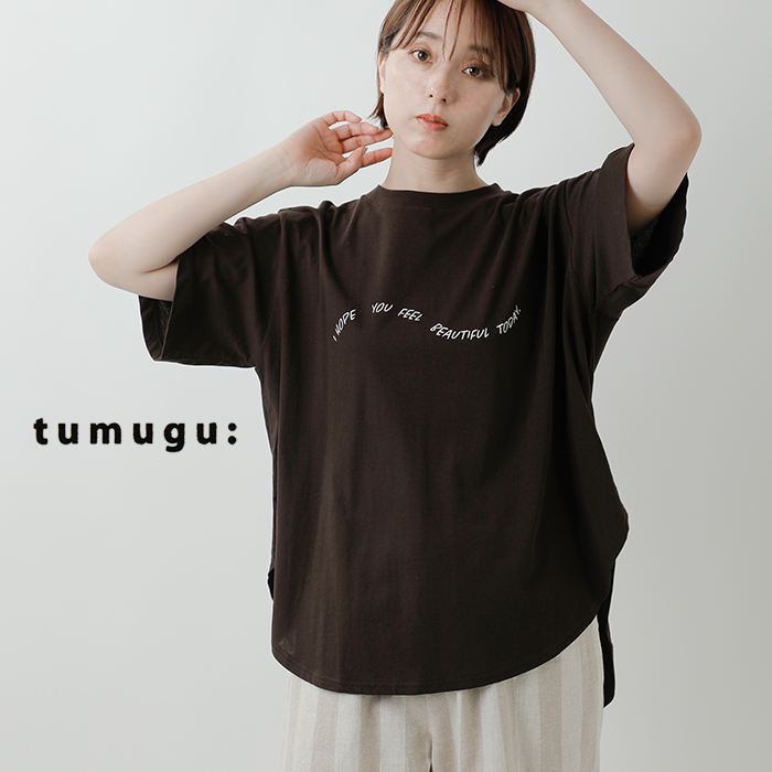 tumugu(ツムグ)コットンDEPEND天竺プリント裾ラウンドTシャツtc25210