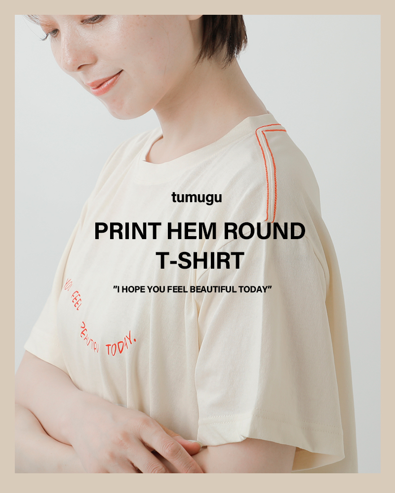 tumugu(ツムグ)コットンDEPEND天竺プリント裾ラウンドTシャツtc25210