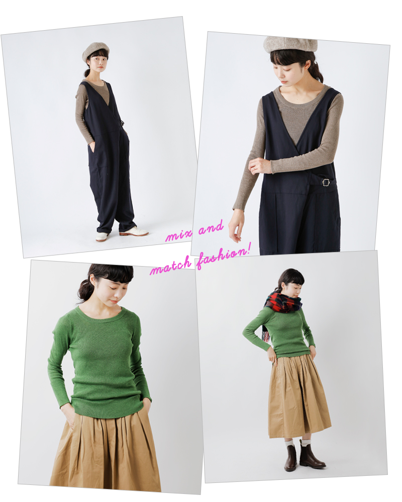 tumugu(ツムグ)コットンリブニットUネックロングスリーブプルオーバーtk16425a