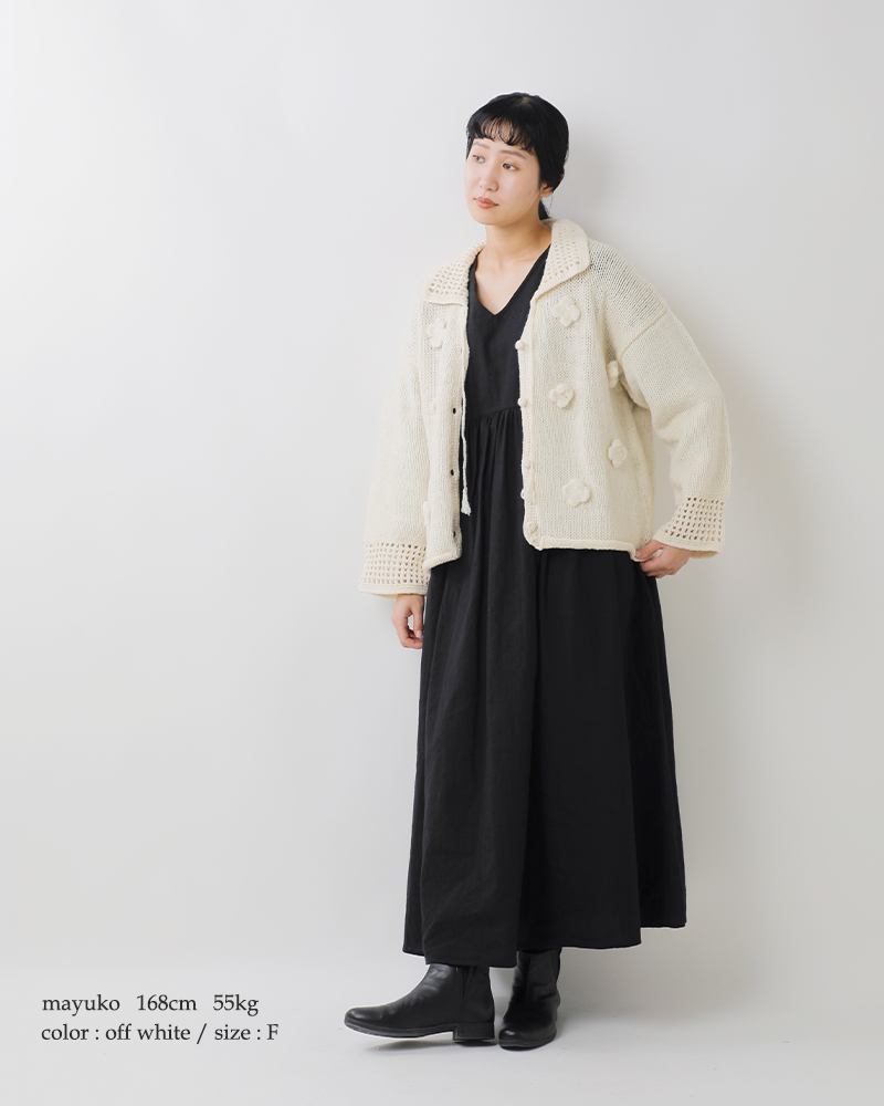 tumugu(ツムグ)ロービングウールフラワーモチーフニットカーディガンtk25206