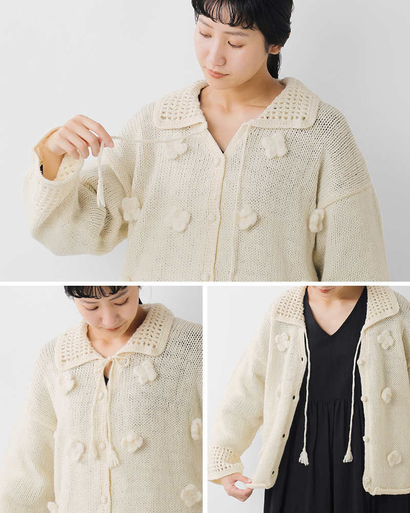 tumugu(ツムグ)ロービングウールフラワーモチーフニットカーディガンtk25206