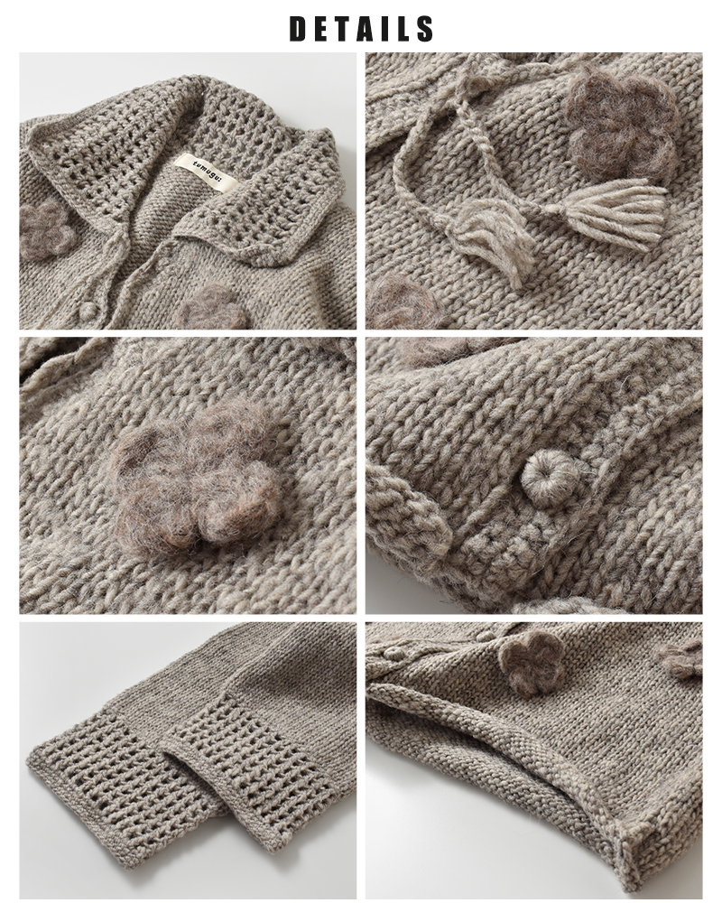 tumugu(ツムグ)ロービングウールフラワーモチーフニットカーディガンtk25206