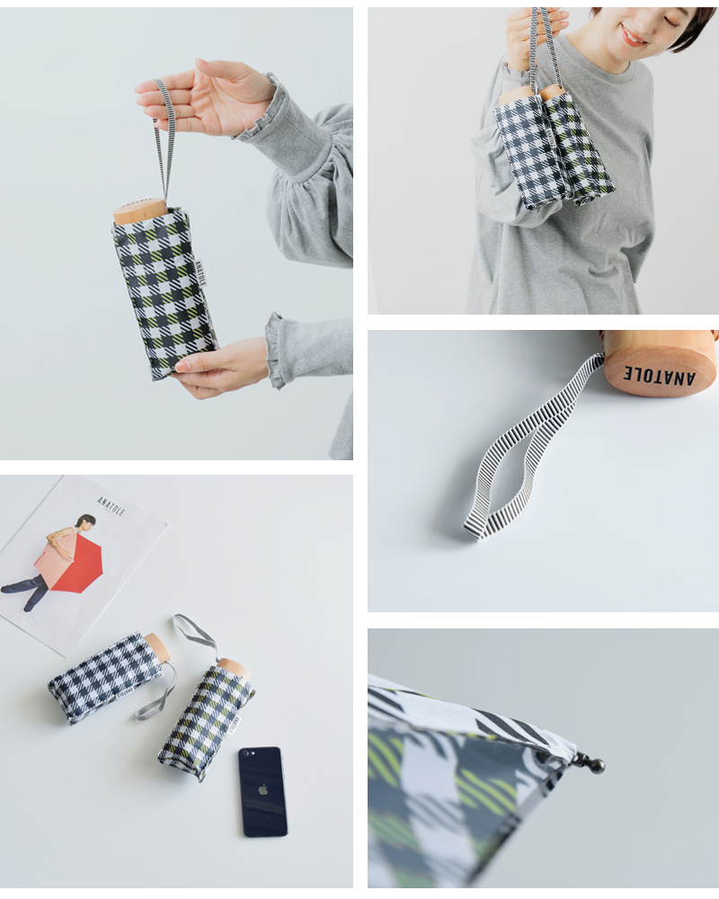 ANATOLE PARIS(アナトール パリス)ファイバーグラスカーボン木製ハンドルギンガムチェック折り畳み傘tweedcheck