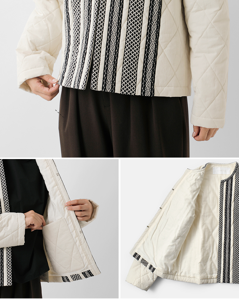 U PHORICA(ユーフォリカ)コットンリネンダンプキルティングノーカラージャケットu22-00767-53